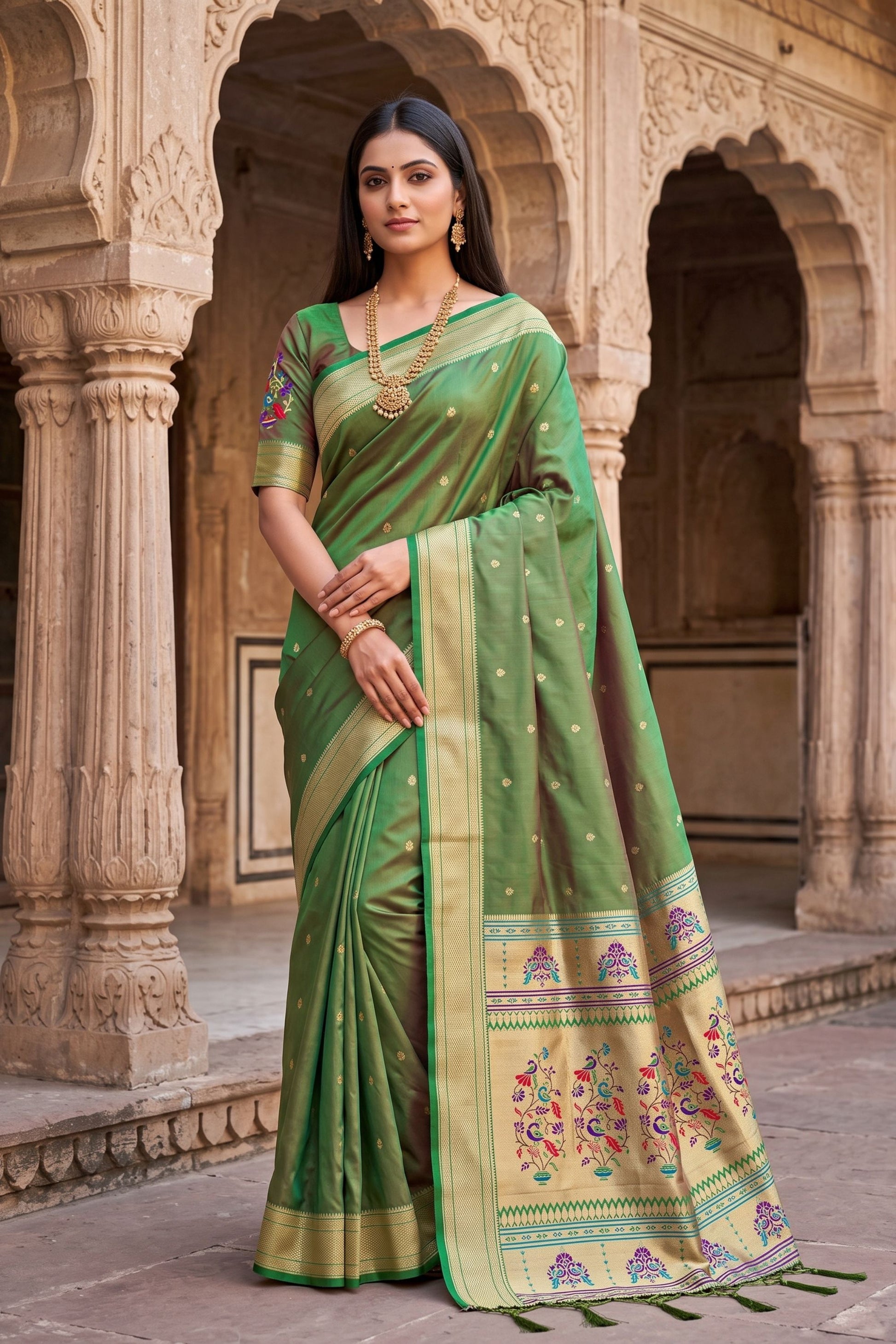 Graceful Green Paithani Silk Zari Butti Weaving Saree