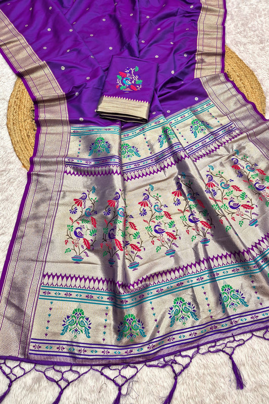 Stylish Purple Paithani Silk Zari Butti Weaving Saree