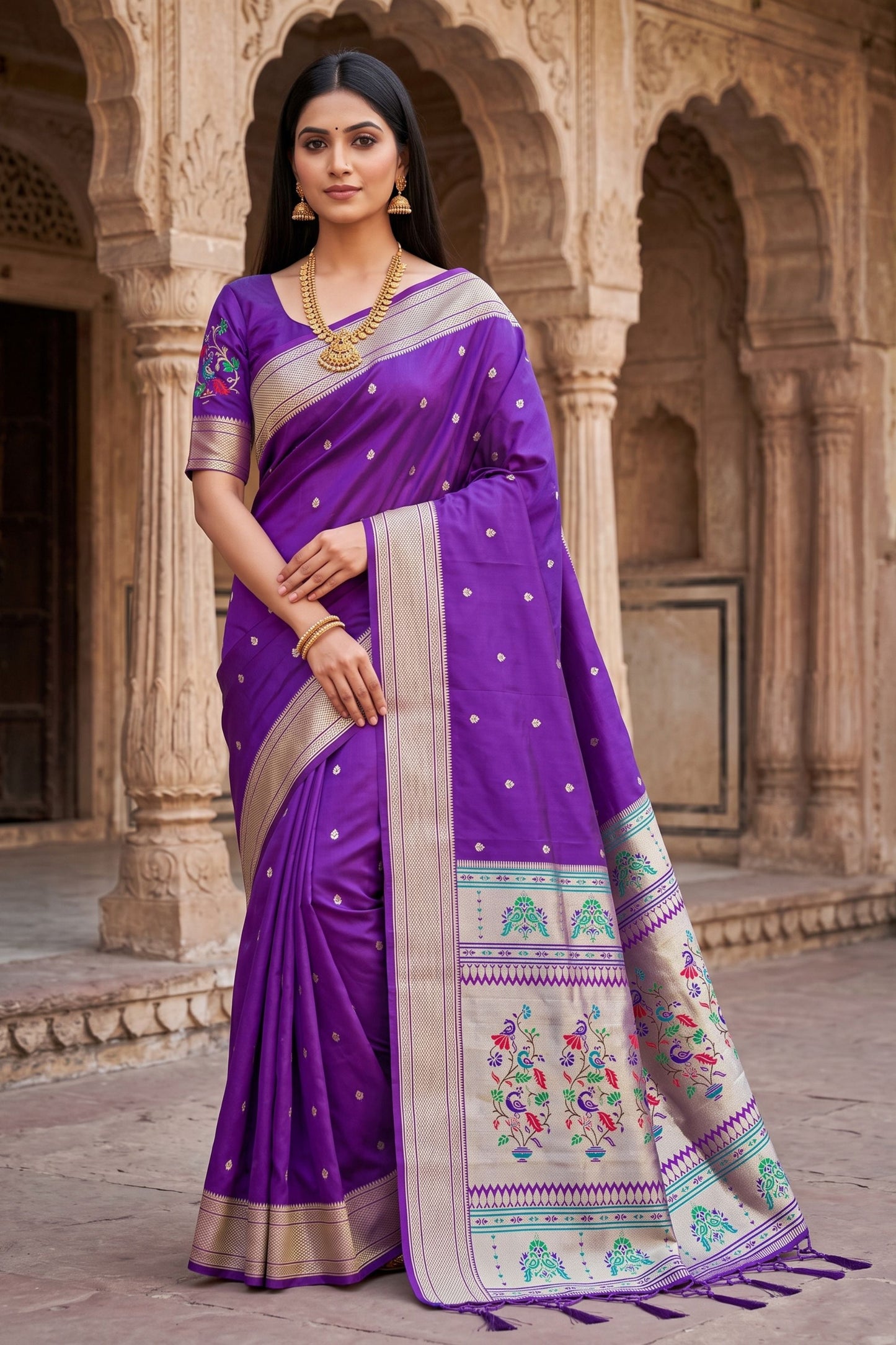 Stylish Purple Paithani Silk Zari Butti Weaving Saree