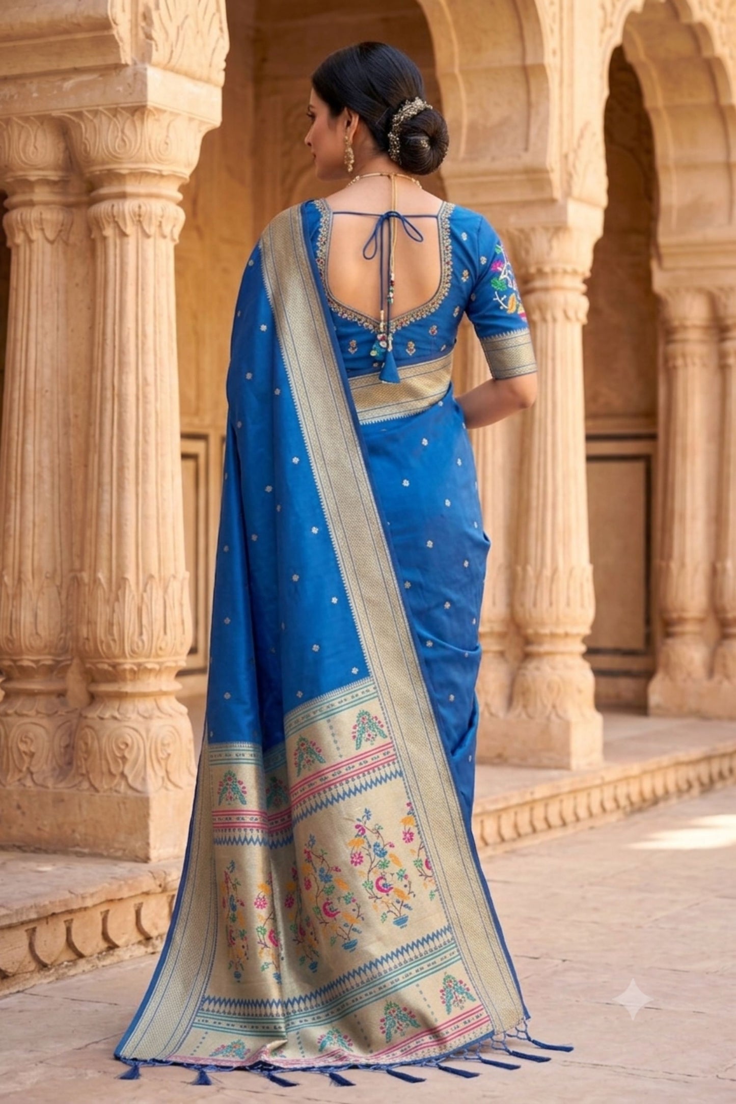 Awesome Blue Paithani Silk Zari Butti Weaving Saree for Women
