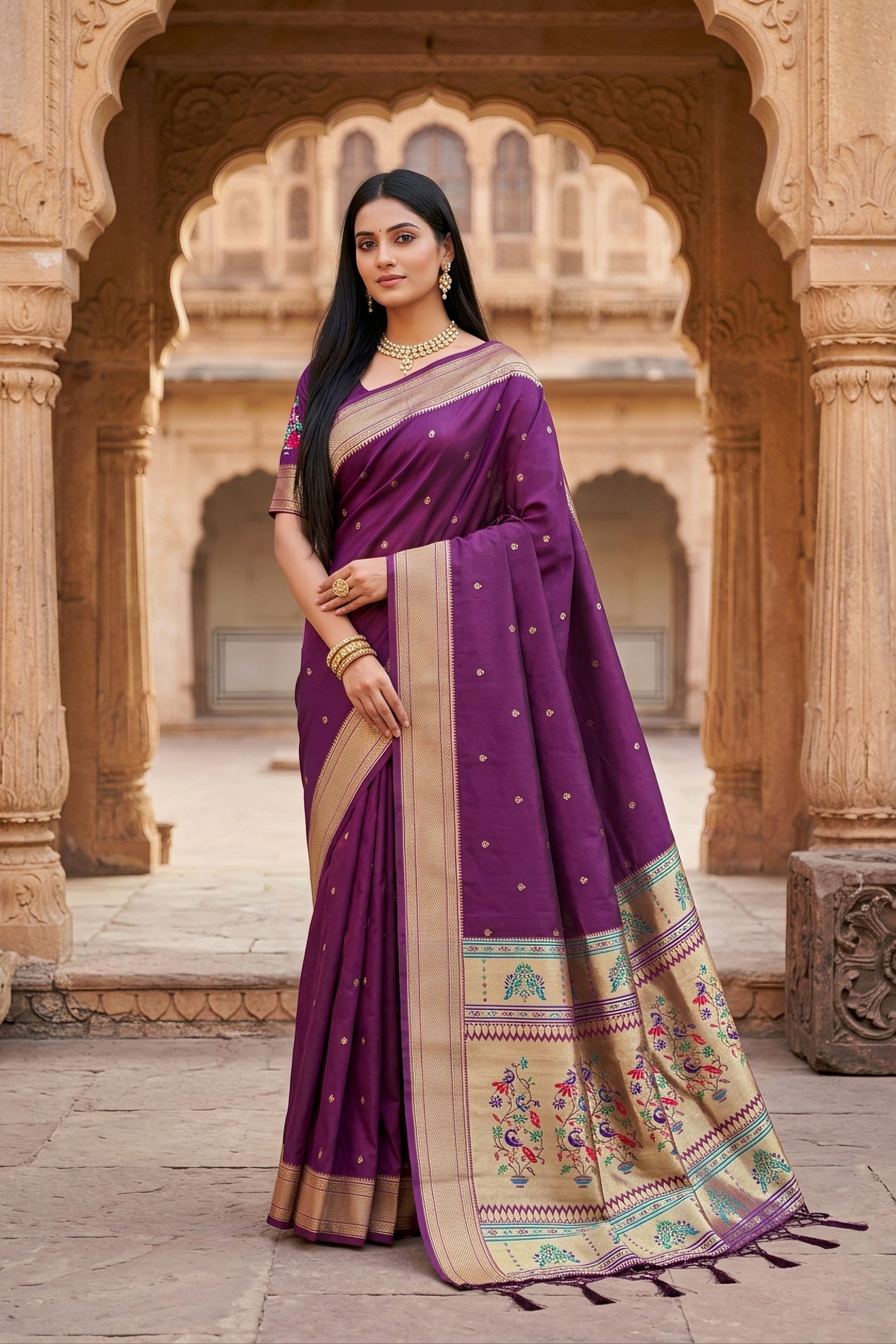 Beautiful Wine Paithani Silk Zari Butti Weaving Saree for Women