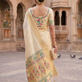 Lovely Cream Paithani Silk Zari Butti Weaving Saree