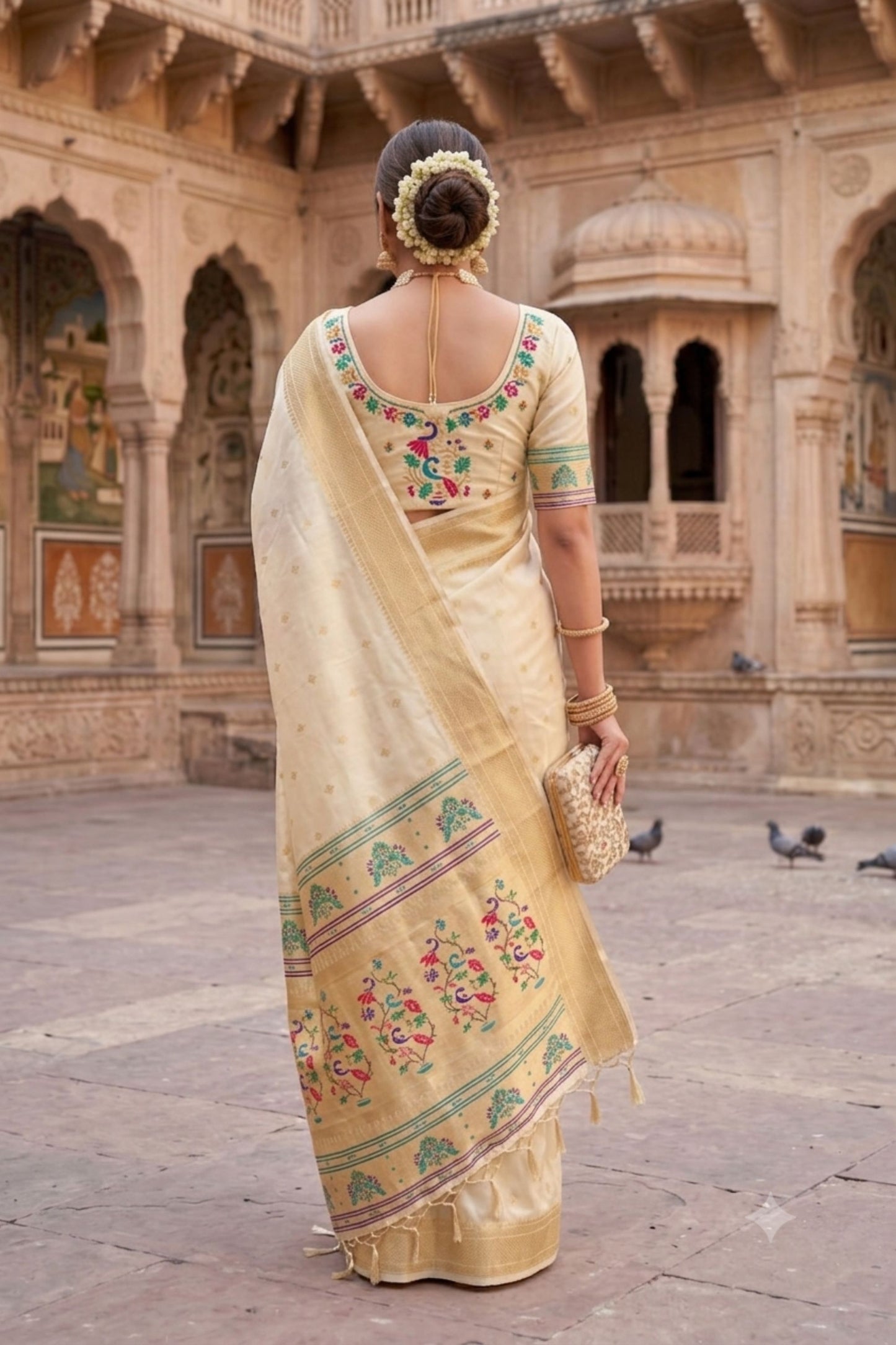 Lovely Cream Paithani Silk Zari Butti Weaving Saree