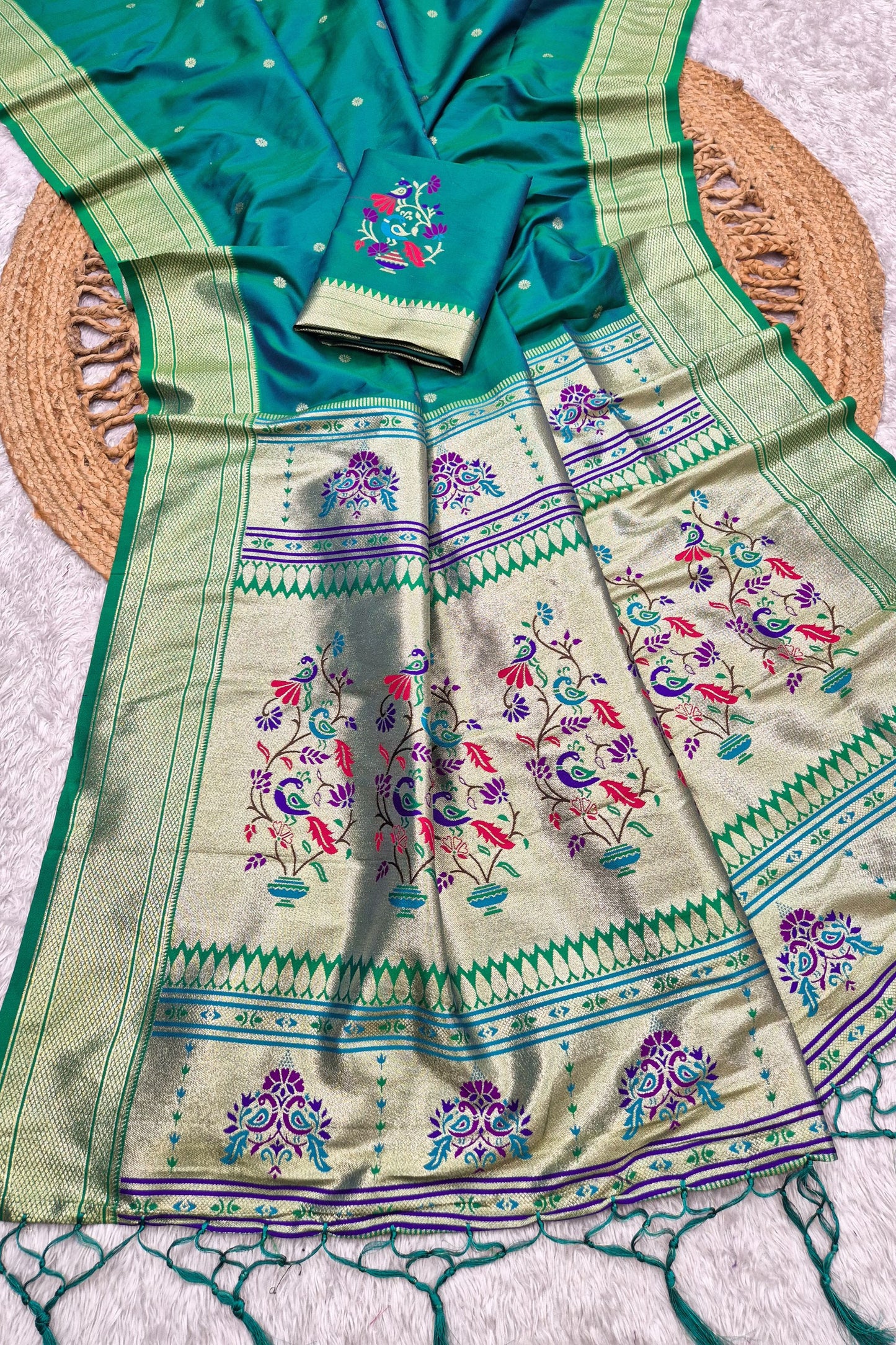 Grateful Teal Blue Paithani Silk Zari Butti Weaving Saree