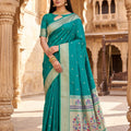 Grateful Teal Blue Paithani Silk Zari Butti Weaving Saree