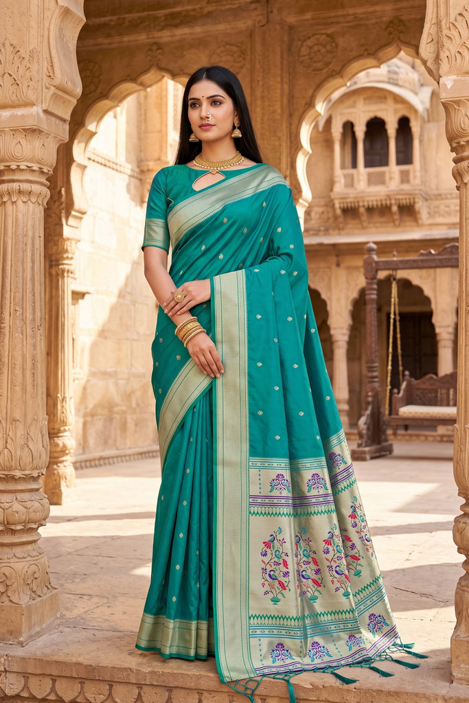 Grateful Teal Blue Paithani Silk Zari Butti Weaving Saree