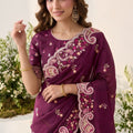 Elegant Wine Space Silk Saree Embroidery and Cutwork Border for Women