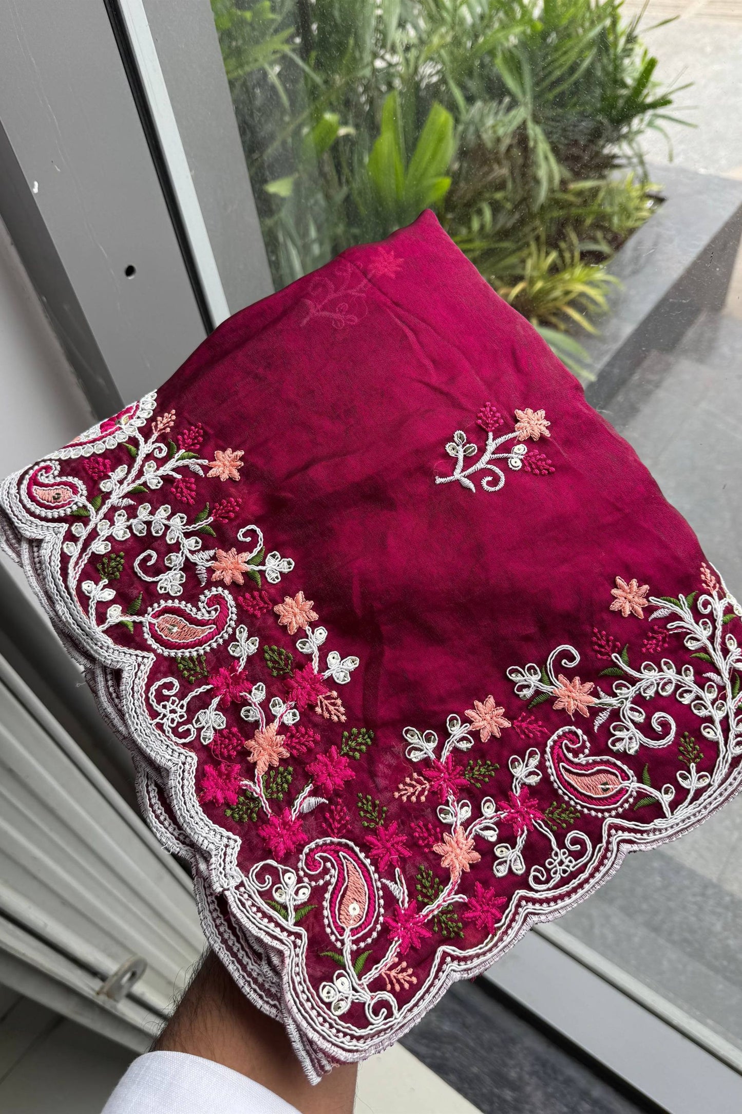 Elegant Wine Space Silk Saree Embroidery and Cutwork Border for Women
