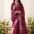 Elegant Wine Space Silk Saree Embroidery and Cutwork Border for Women