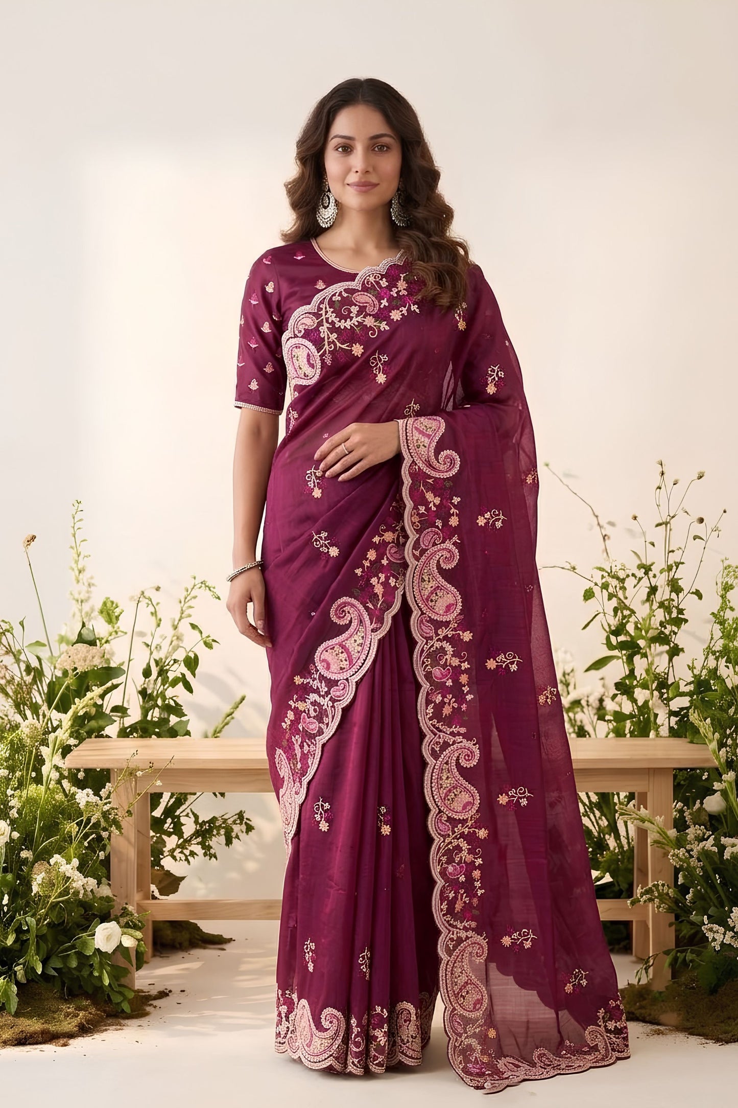 Elegant Wine Space Silk Saree Embroidery and Cutwork Border for Women