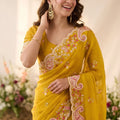 Gorgeous Mustard Yellow Space Silk Saree Embroidery and Cutwork Border for Women