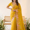 Gorgeous Mustard Yellow Space Silk Saree Embroidery and Cutwork Border for Women