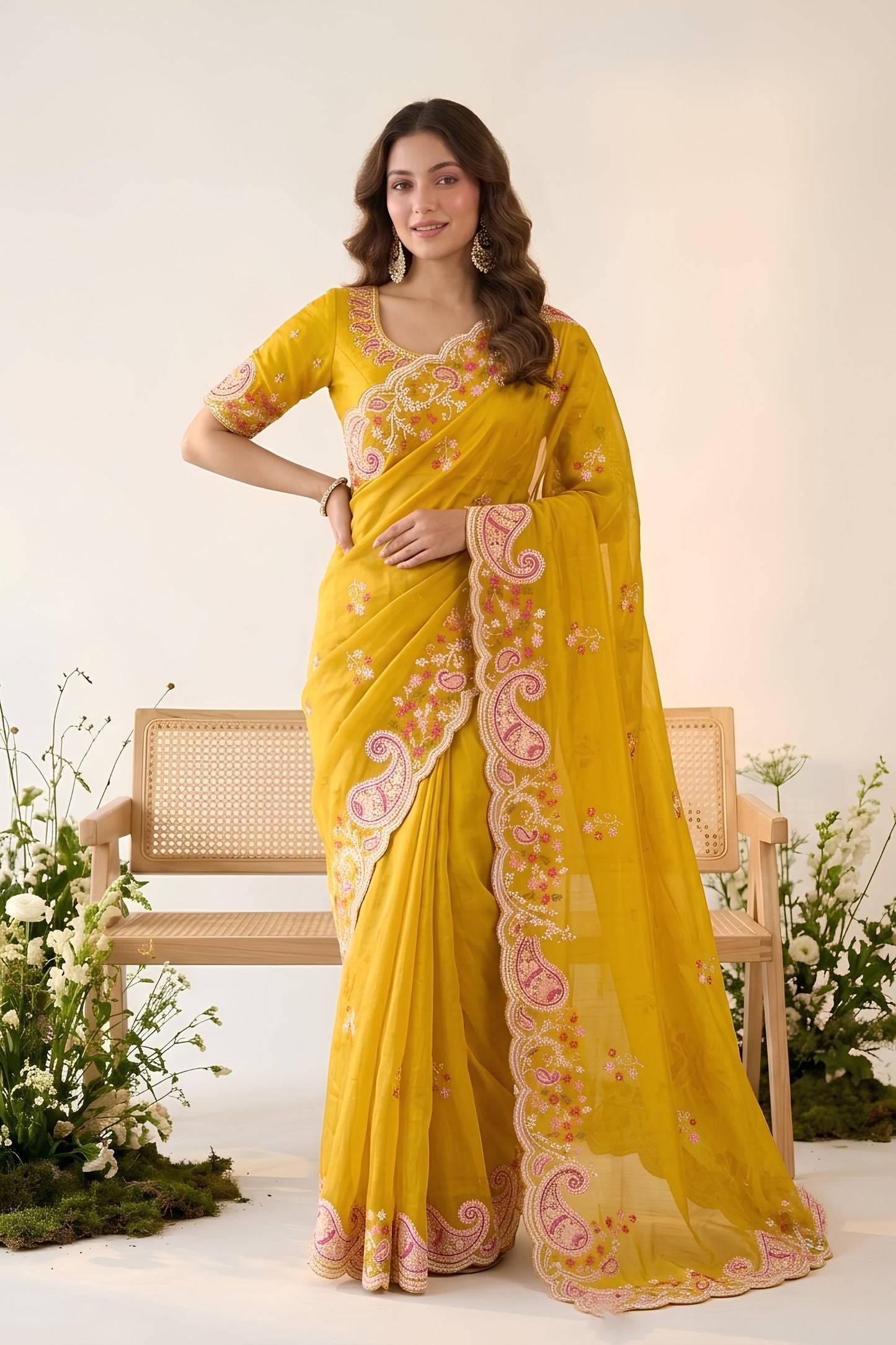 Gorgeous Mustard Yellow Space Silk Saree Embroidery and Cutwork Border for Women