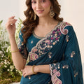Stylish Teal Blue Space Silk Saree with Embroidery and Cutwork Border for Women