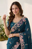 Stylish Teal Blue Space Silk Saree with Embroidery and Cutwork Border for Women
