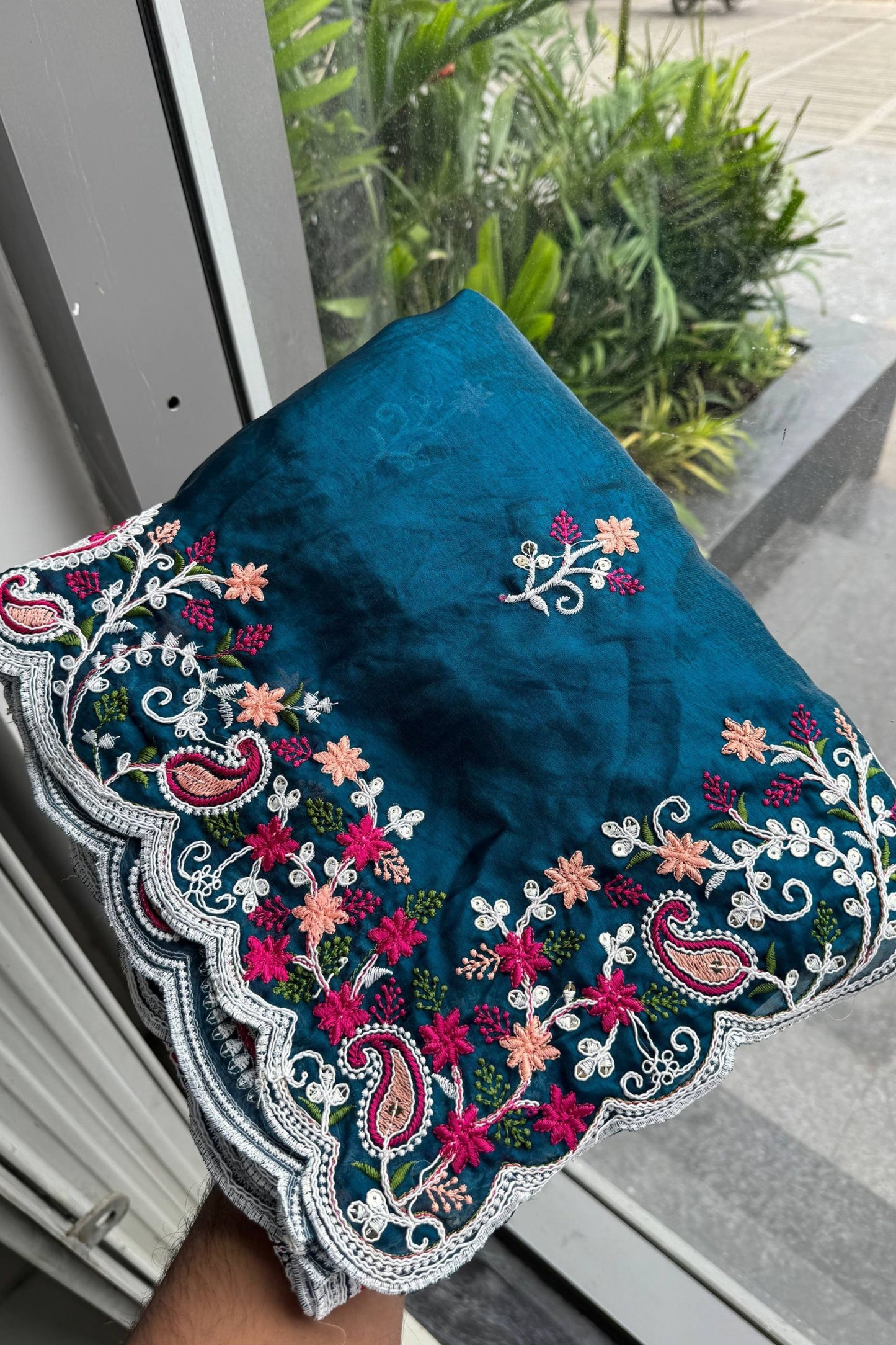 Stylish Teal Blue Space Silk Saree with Embroidery and Cutwork Border for Women