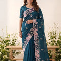 Stylish Teal Blue Space Silk Saree with Embroidery and Cutwork Border for Women