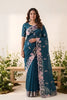 Stylish Teal Blue Space Silk Saree with Embroidery and Cutwork Border for Women