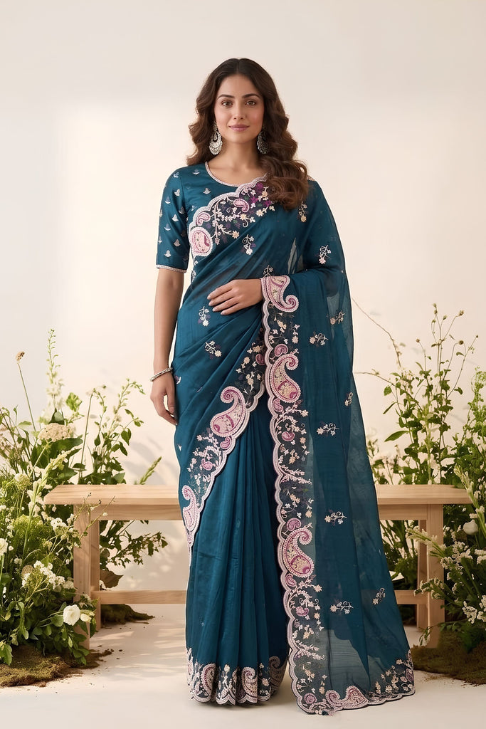 Stylish Teal Blue Space Silk Saree with Embroidery and Cutwork Border for Women