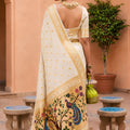 Elegant Cream Soft Paithani Silk Zari Weaving  Meenakari Saree for Women