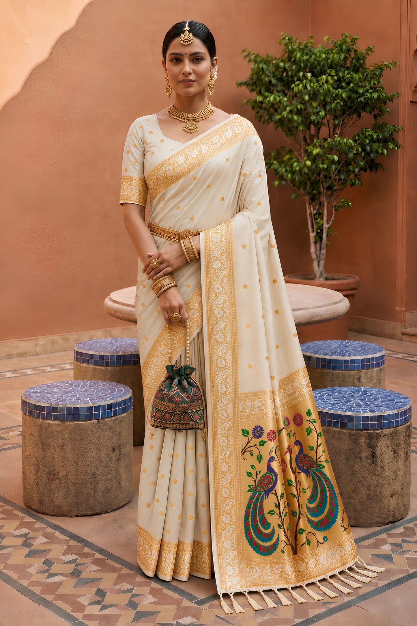 Elegant Cream Soft Paithani Silk Zari Weaving  Meenakari Saree for Women