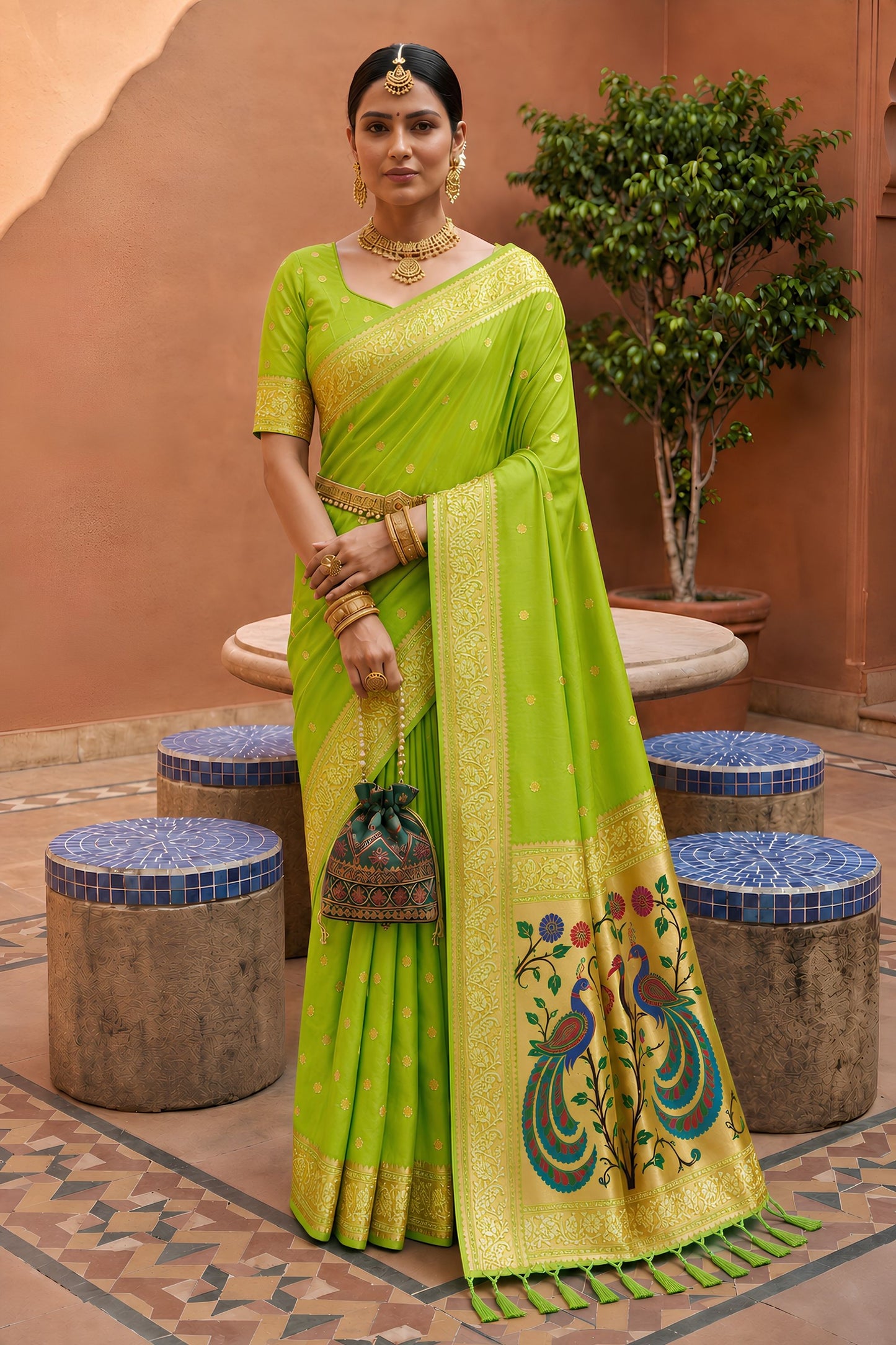 Graceful Green Soft Paithani Silk Zari Weaving Meenakari Saree for Women