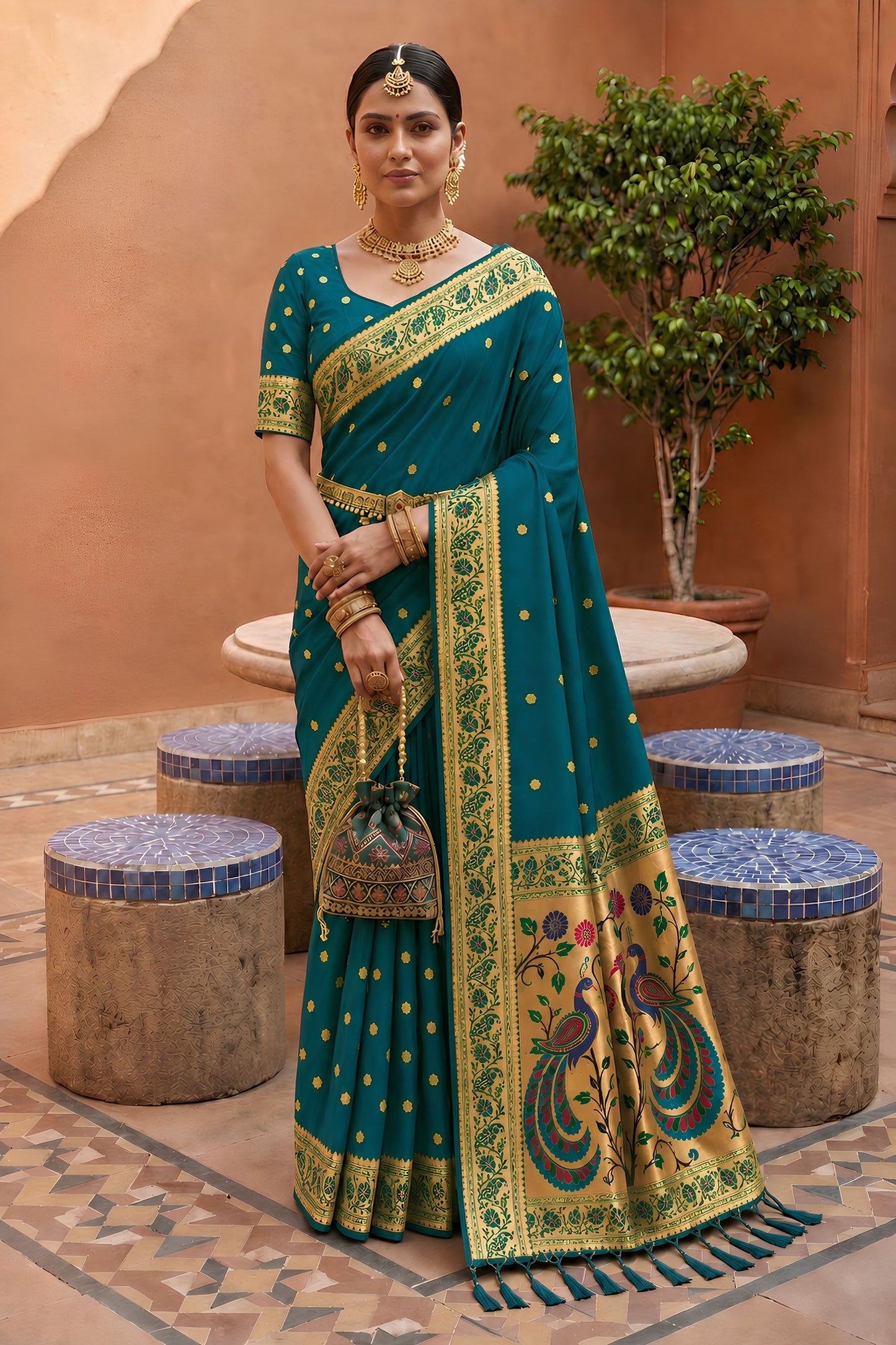 Royal Teal Blue Soft Paithani Silk Zari Weaving Meenakari Saree for Women