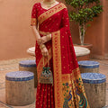Lovely Red Soft Paithani Silk Zari Weaving Meenakari Saree for Women