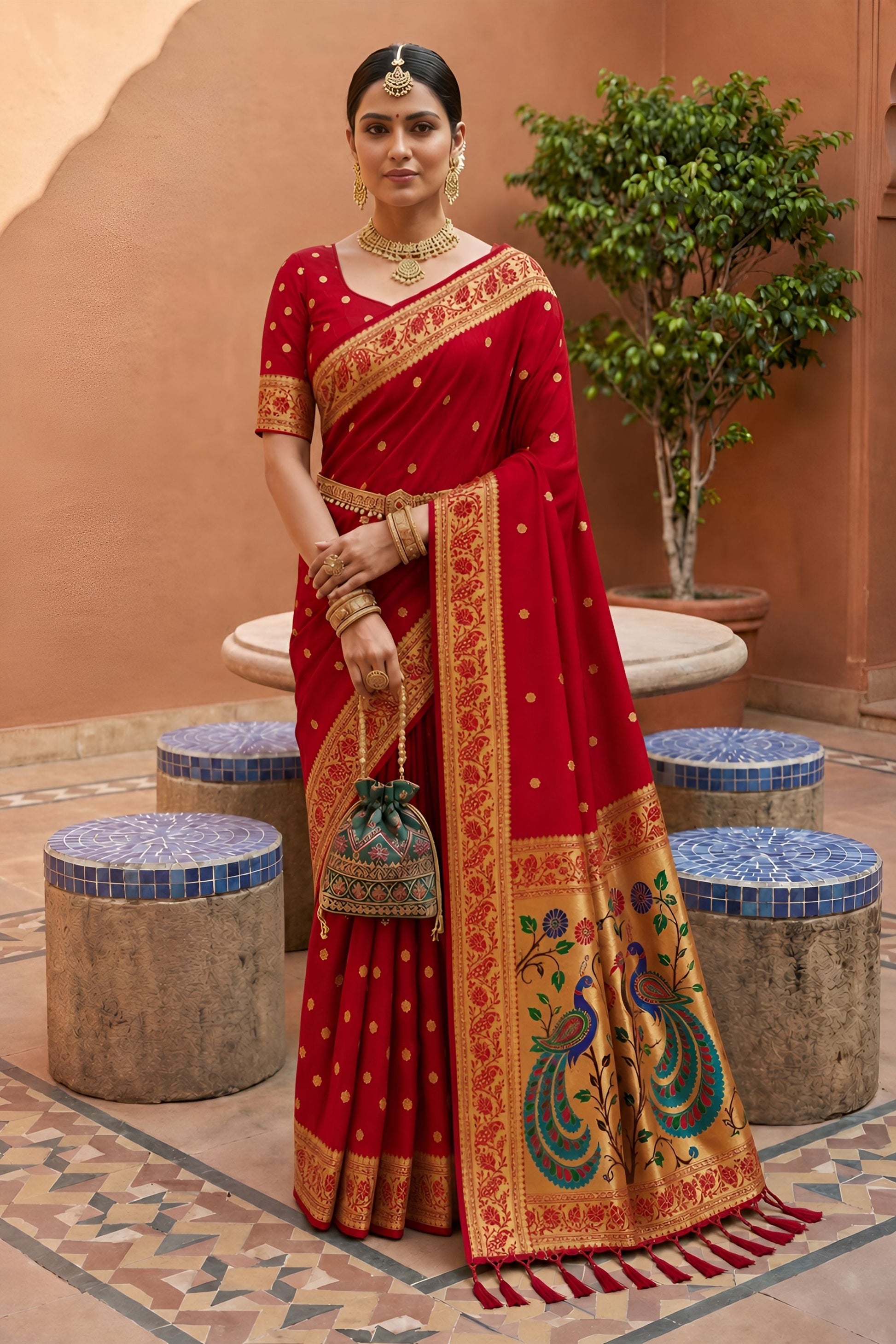 Lovely Red Soft Paithani Silk Zari Weaving Meenakari Saree for Women