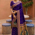 Luxurious Deep Purple Soft Paithani Silk Zari Weaving Meenakari Saree for Women
