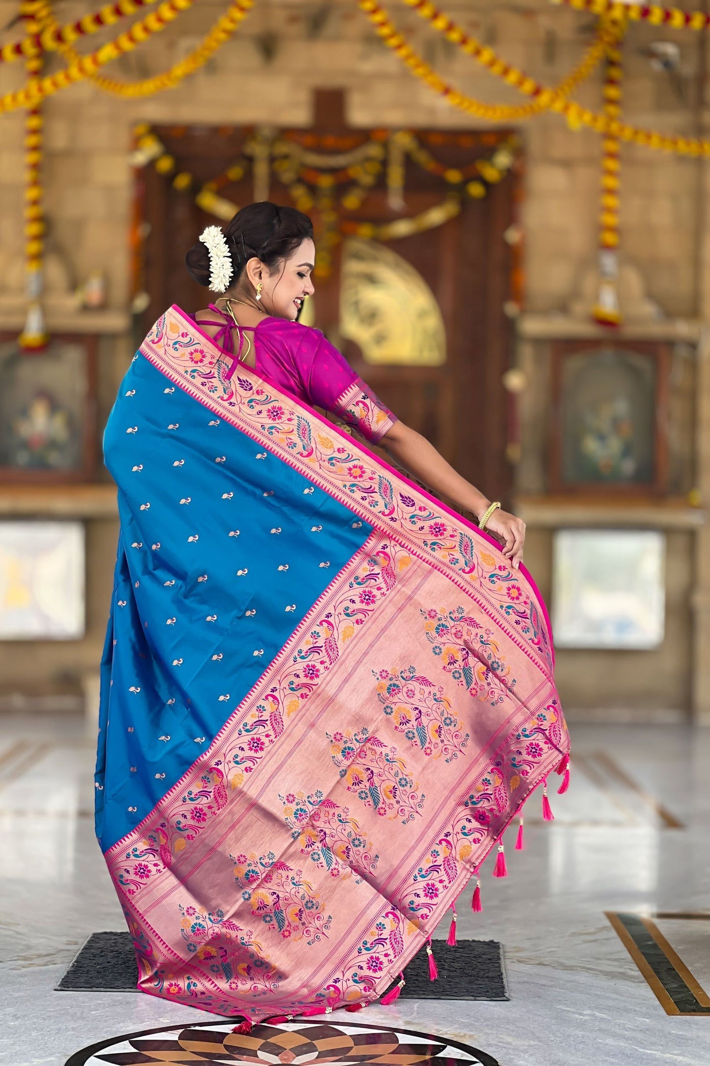 Elegant Blue Soft Paithani Silk Zari Weaving Floral Motifs Meenakari Saree for Women