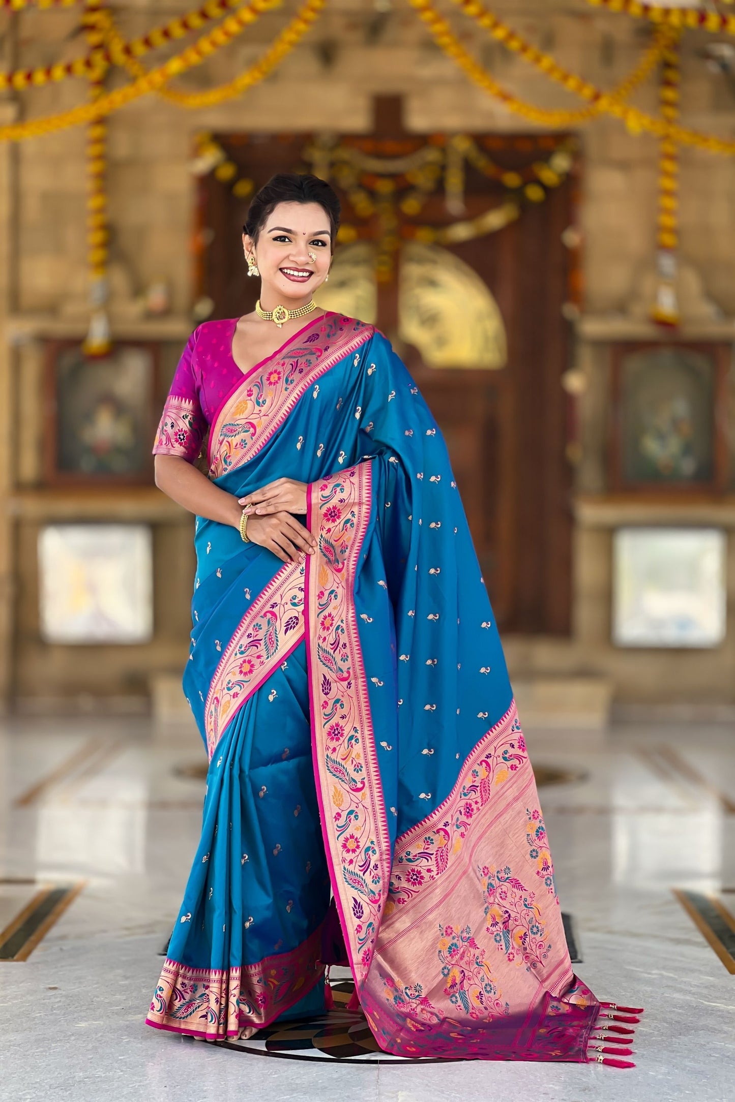 Elegant Blue Soft Paithani Silk Zari Weaving Floral Motifs Meenakari Saree for Women