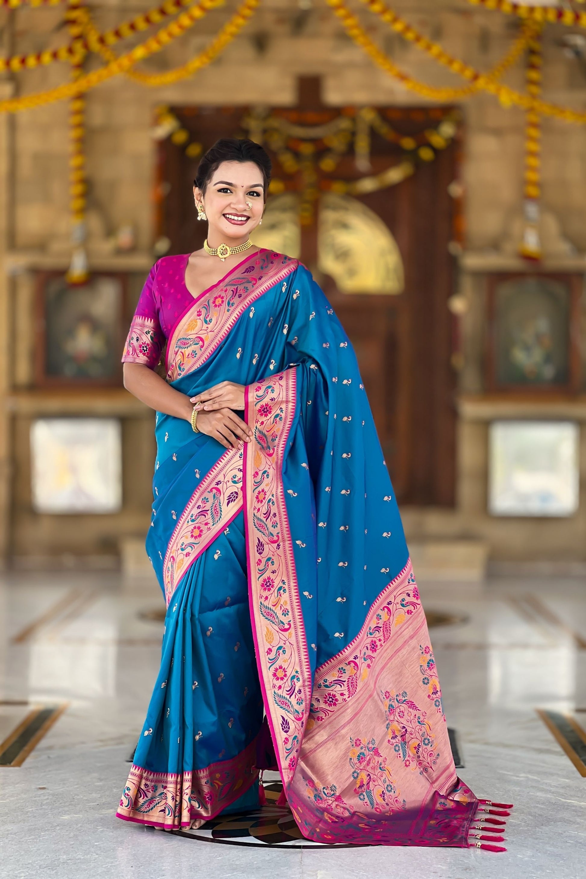 Elegant Blue Soft Paithani Silk Zari Weaving Floral Motifs Meenakari Saree for Women