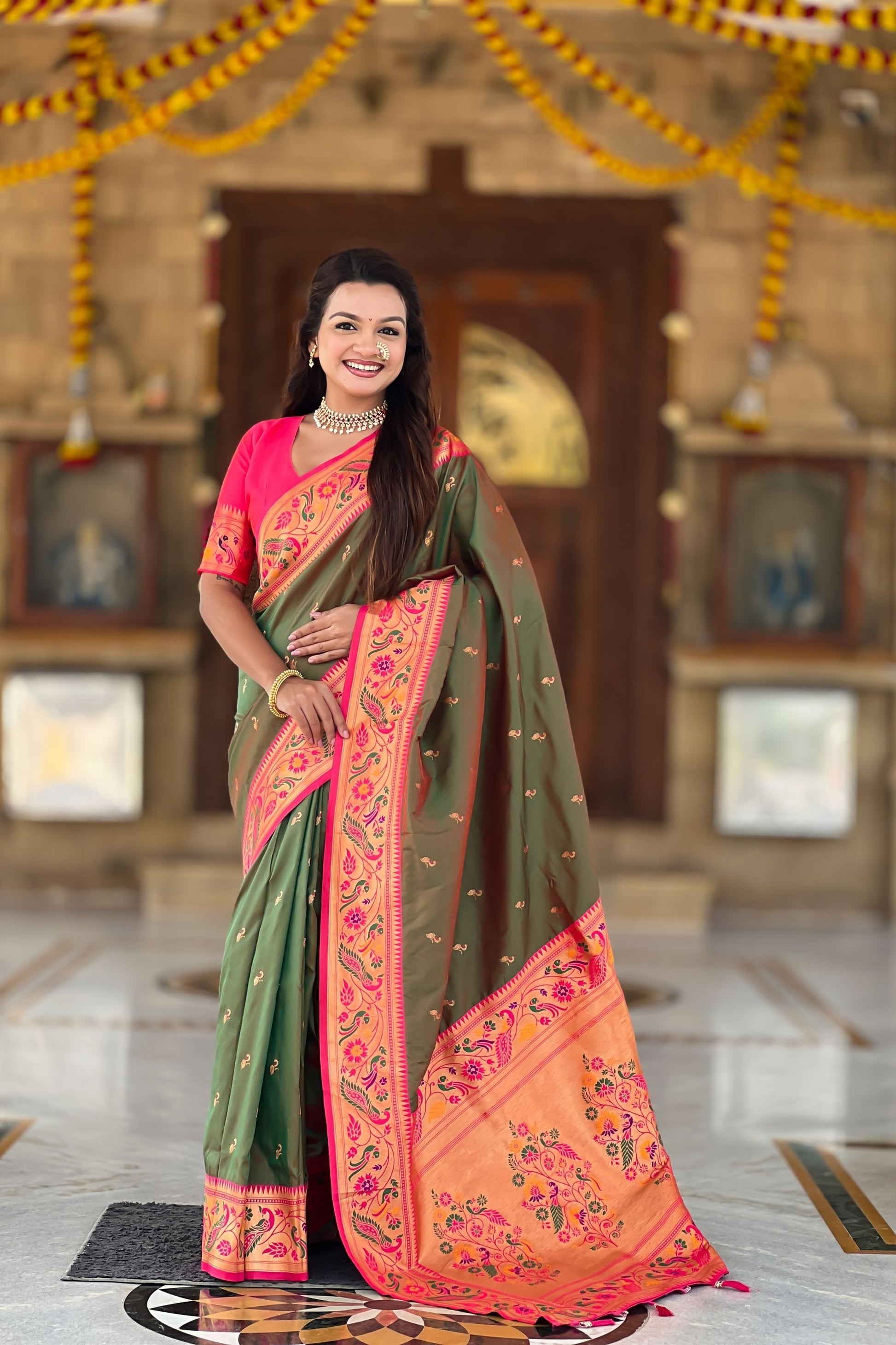 Luxurious Green Soft Paithani Silk Zari Weaving Meenakari Saree for Women