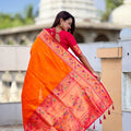 Beautiful Orange Soft Paithani Silk Zari Weaving Meenakari Saree for Women