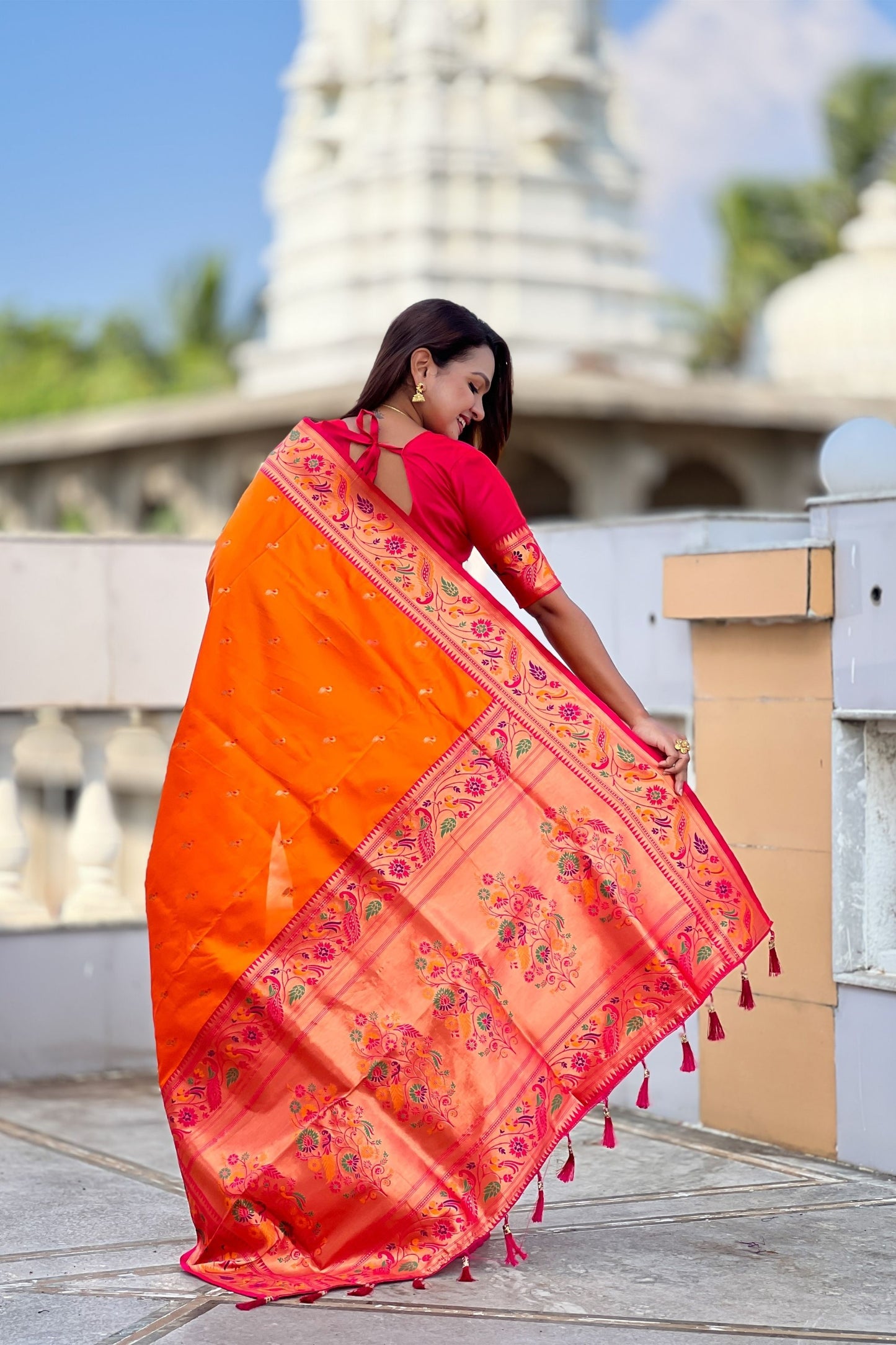 Beautiful Orange Soft Paithani Silk Zari Weaving Meenakari Saree for Women