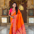 Beautiful Orange Soft Paithani Silk Zari Weaving Meenakari Saree for Women