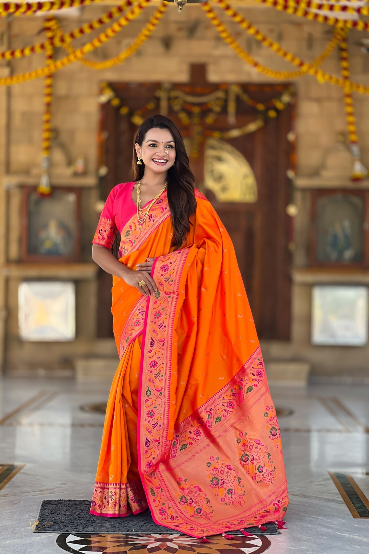 Beautiful Orange Soft Paithani Silk Zari Weaving Meenakari Saree for Women