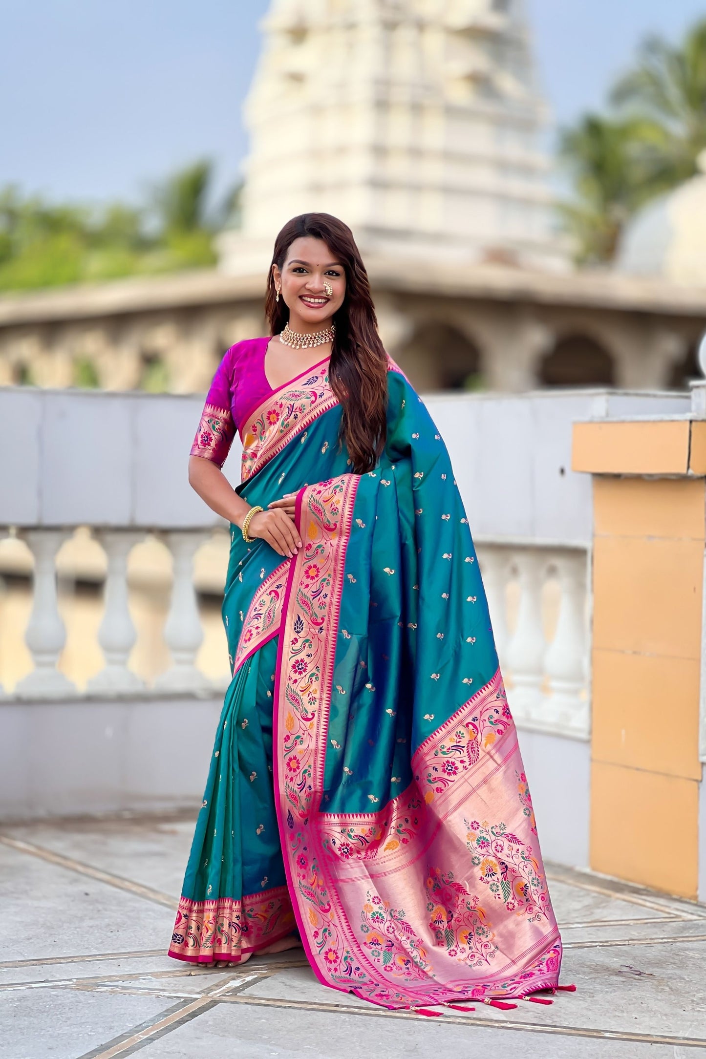 Premium Teal Blue Soft Paithani Silk Zari Weaving Meenakari Saree for Women