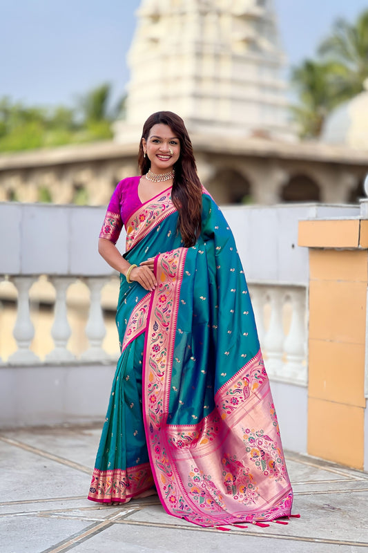 Premium Teal Blue Soft Paithani Silk Zari Weaving Meenakari Saree for Women