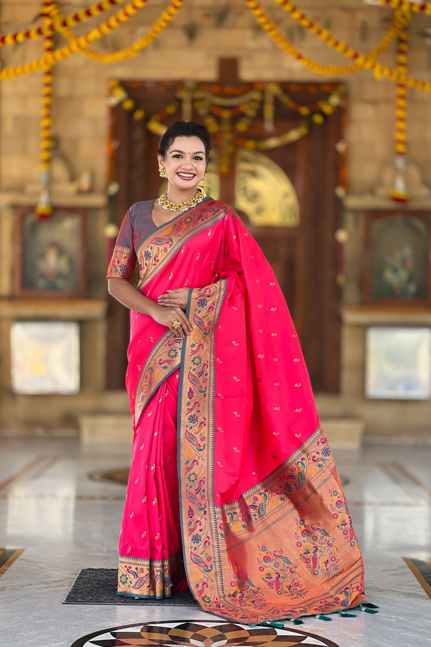 Stunning Rani Pink Soft Paithani Silk Zari Weaving Meenakari Saree for Women