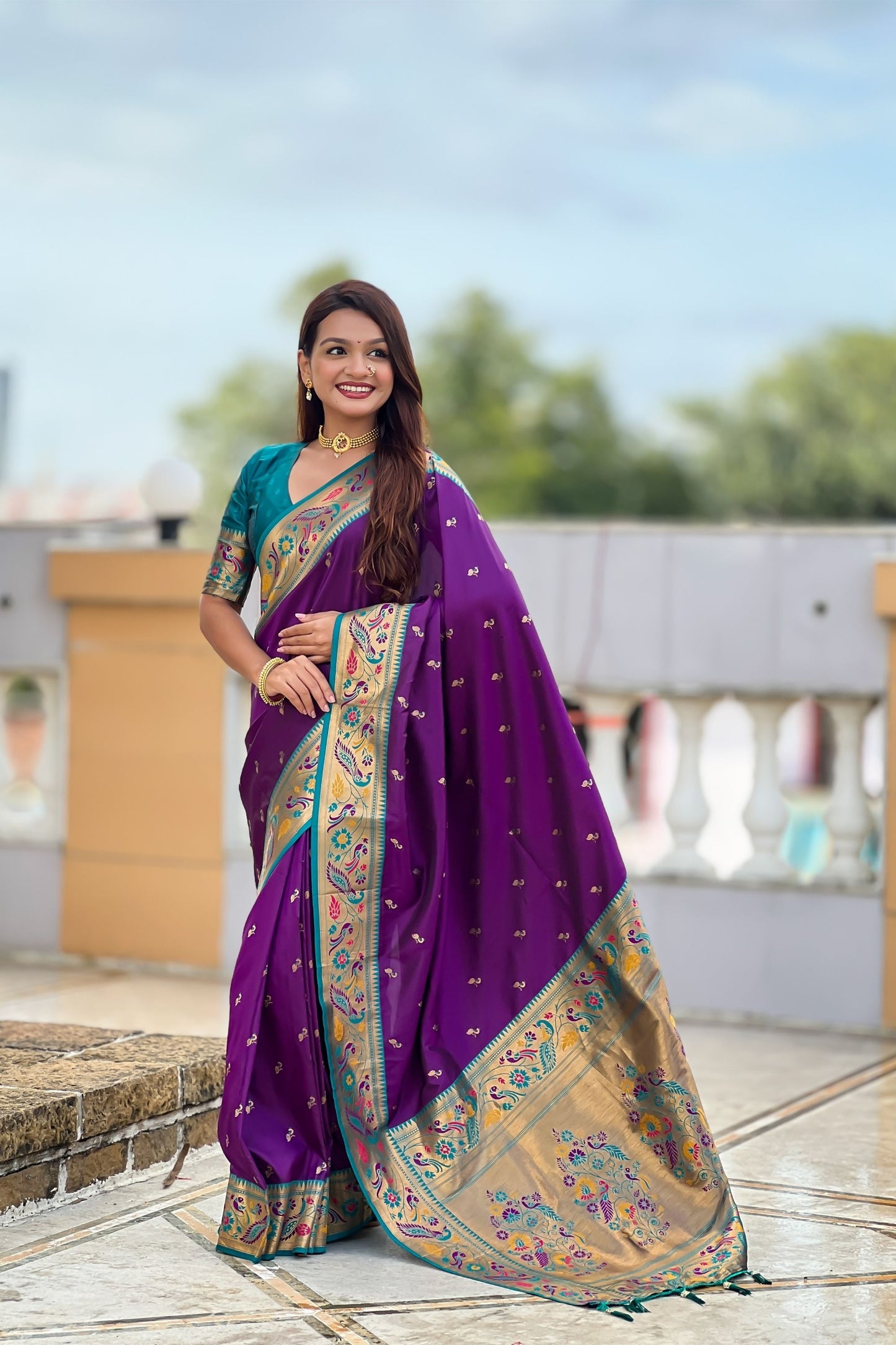 Lovely Purple Soft Paithani Silk Zari Weaving Meenakari Saree for Women