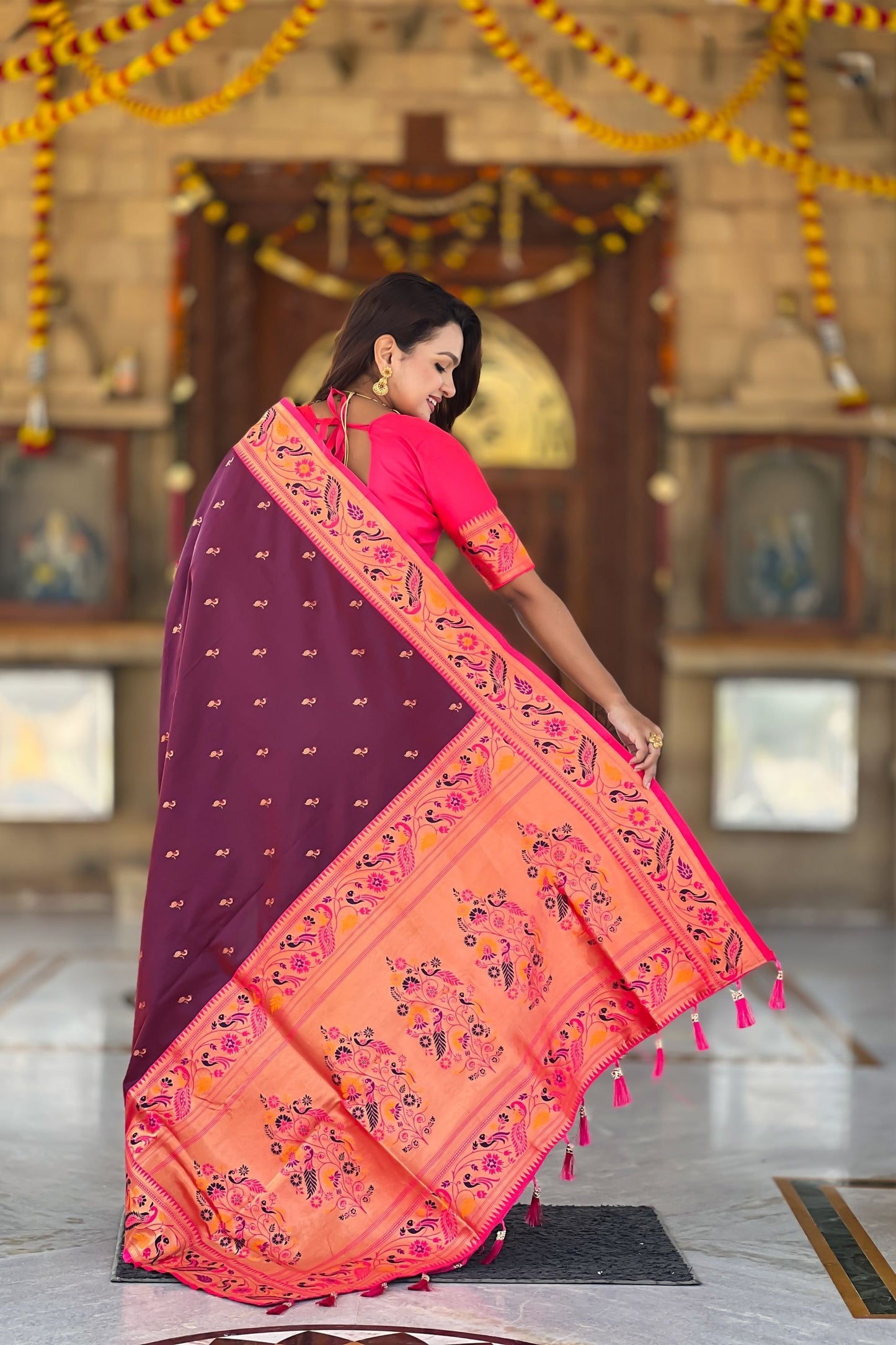 Awesome Wine Soft Paithani Silk Zari Weaving Meenakari Saree for Women
