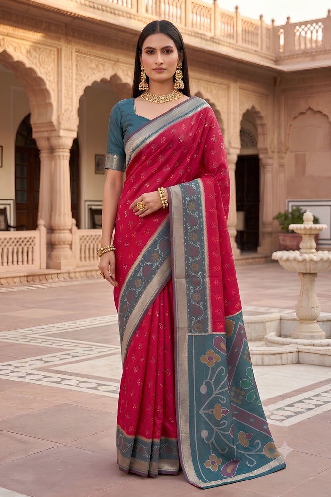 Beautiful Rani Pink Pochampalli Silk Weaving with Zari Border Saree for Women