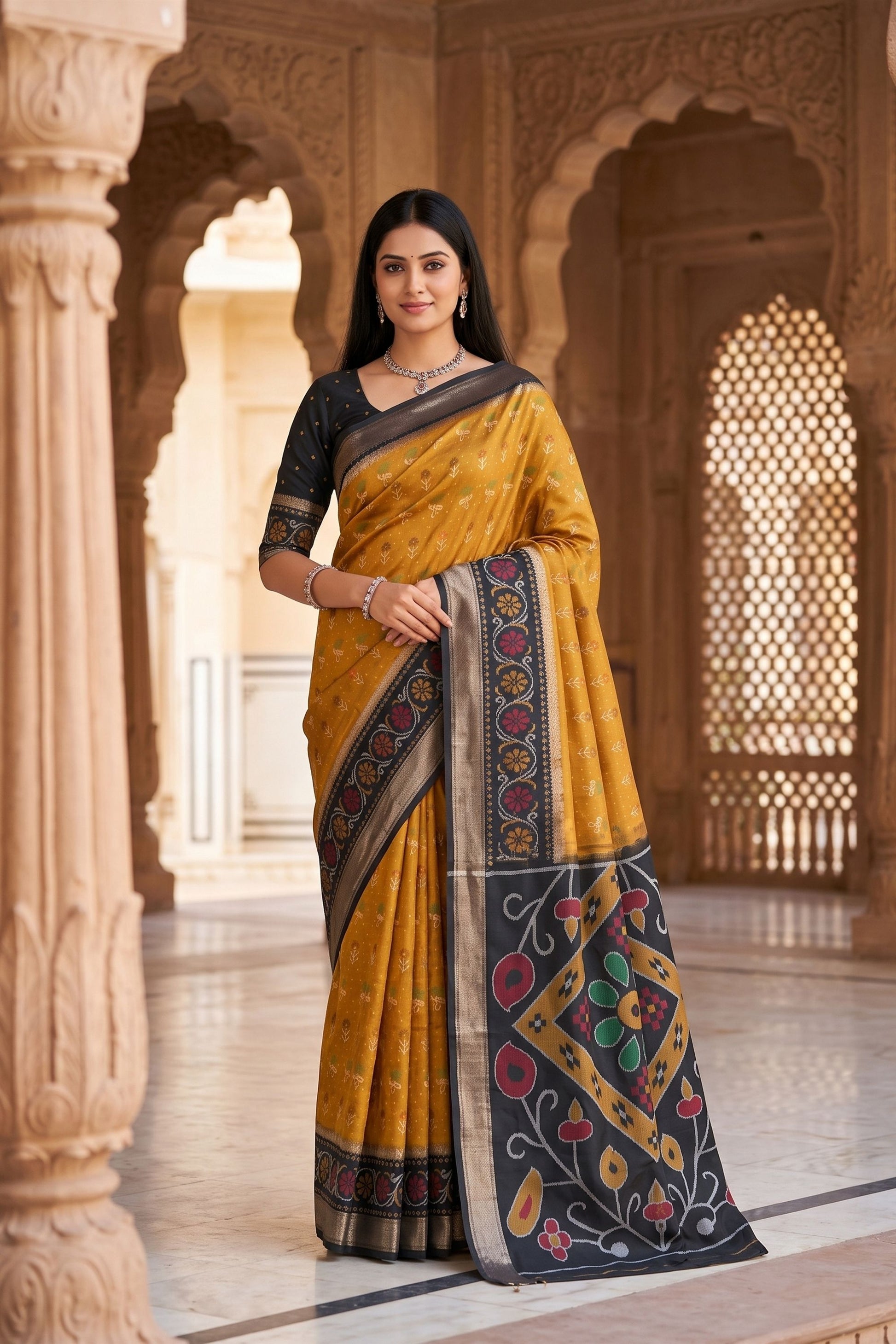 Premium Mustard Yellow Pochampalli Silk Zari Weaving Saree for Women