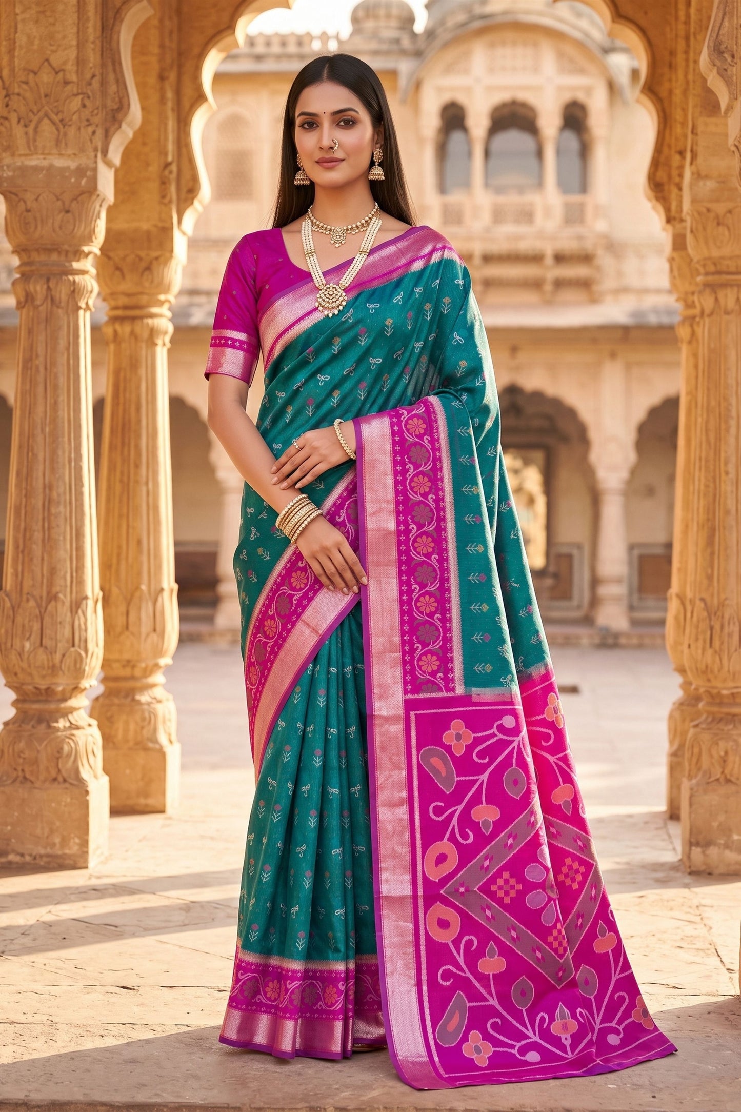 Royal Teal Blue Pochampalli Silk Zari Weaving Saree for Women
