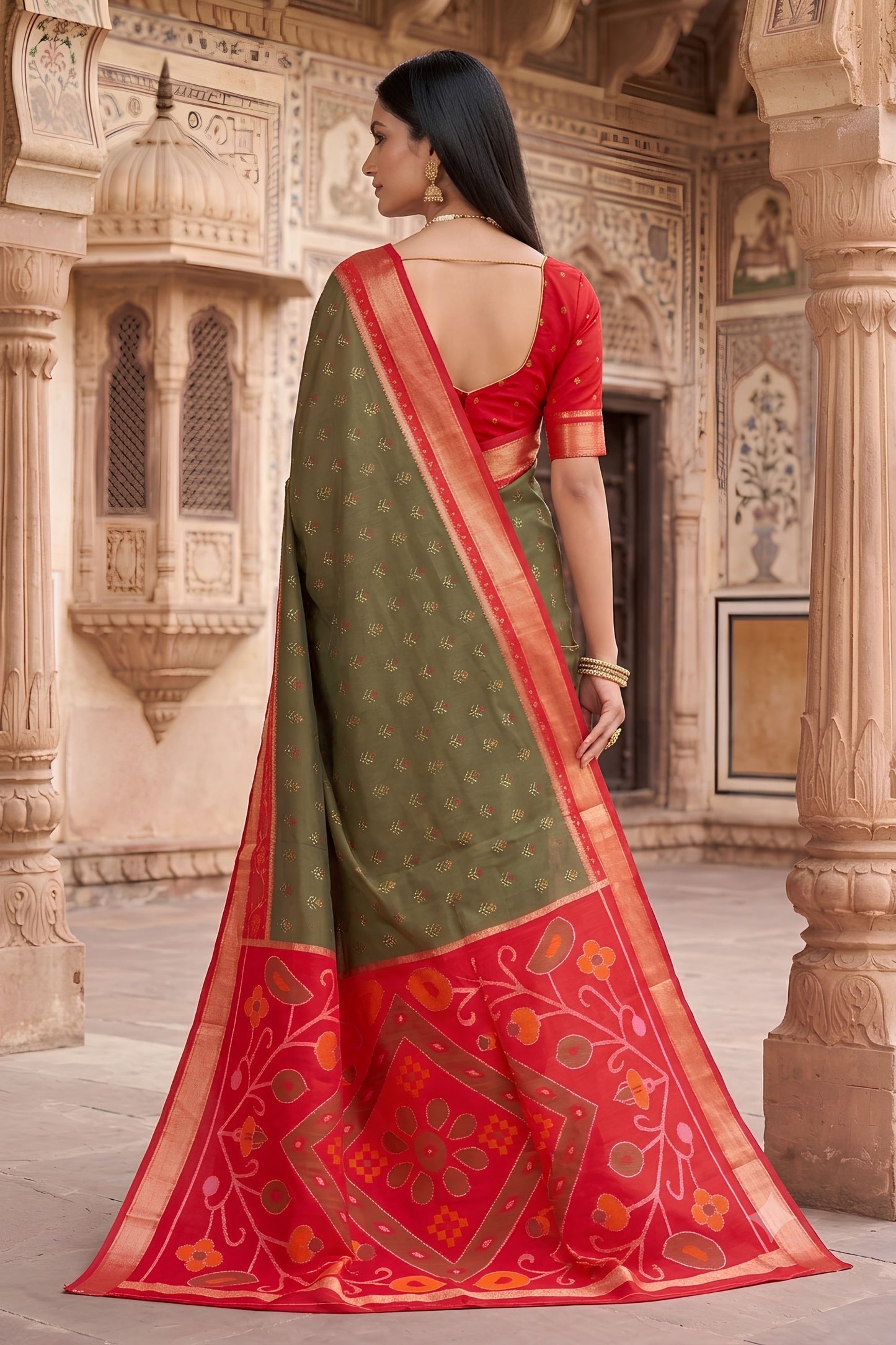 Graceful Olive Green Pochampalli Silk Zari Weaving Saree for Women