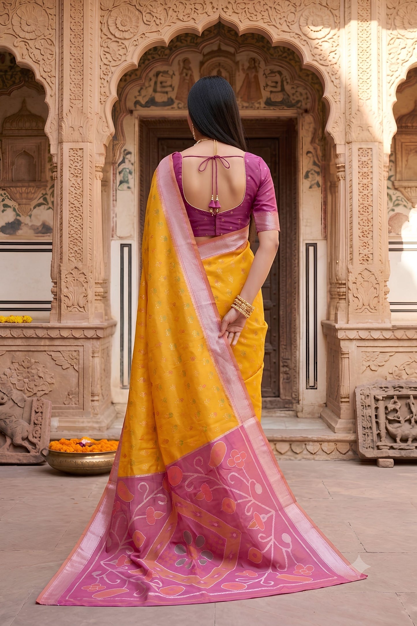 Grateful Mustard Yellow Pochampalli Silk Zari Weaving Saree for Women