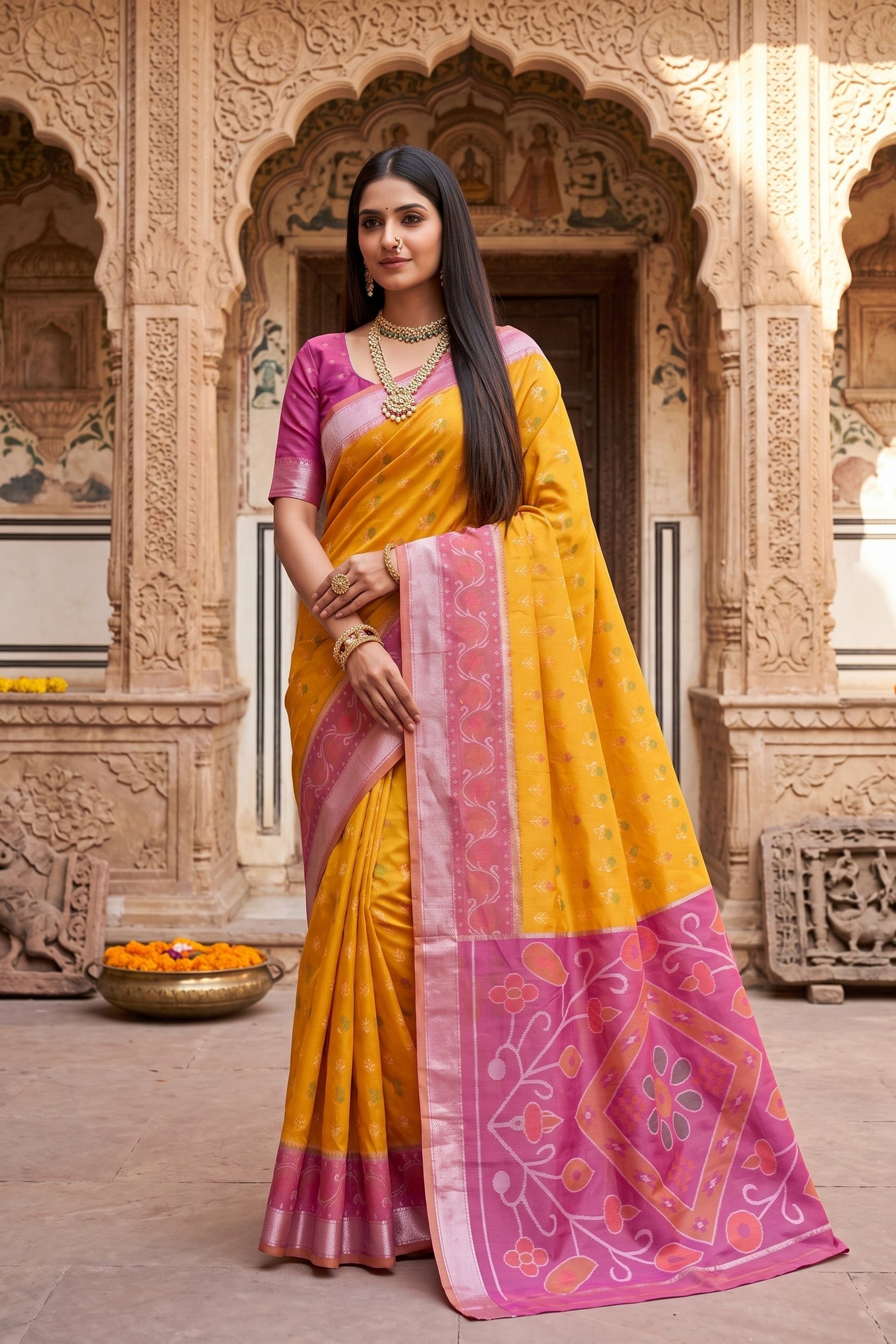Grateful Mustard Yellow Pochampalli Silk Zari Weaving Saree for Women