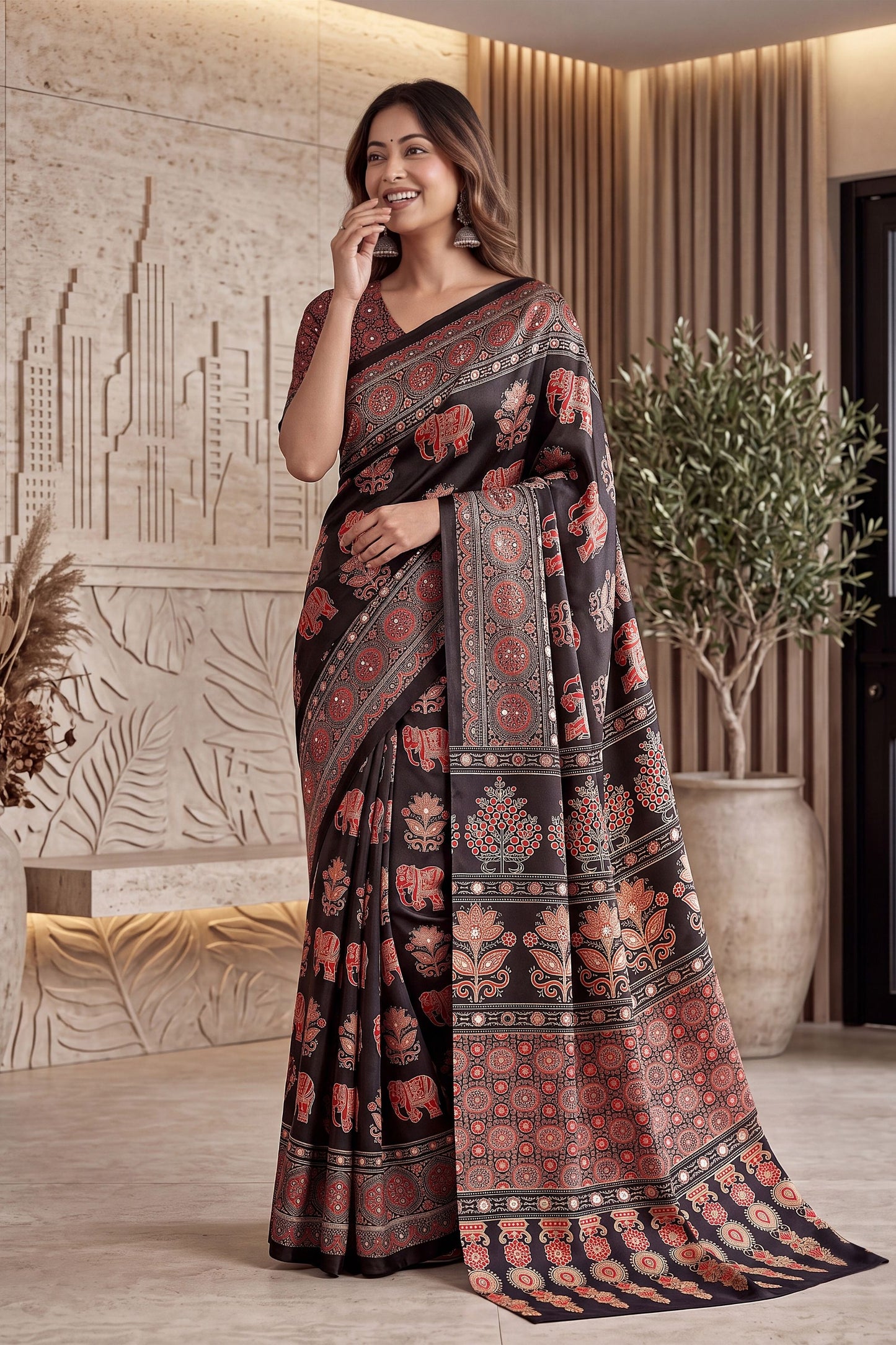 Elegant Black Crape Silk Ajrak Digital Print Saree Real Mirror Work for Women